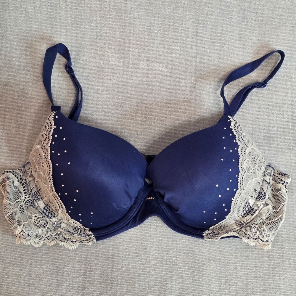 Victoria's Secret Womens Lined Demi Bra Navy Blue Lace Rhinestone 34B Lace Glam